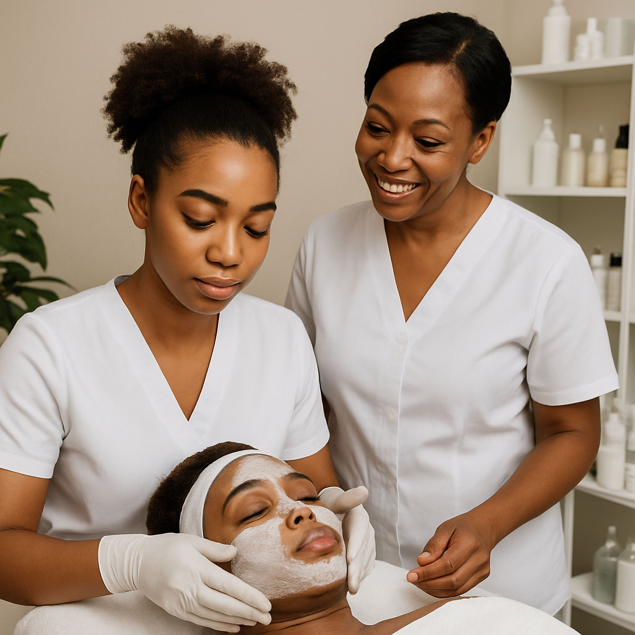 Two women in white uniforms providing facial treatment to a woman lying down with a facial mask, in a spa or skincare clinic.