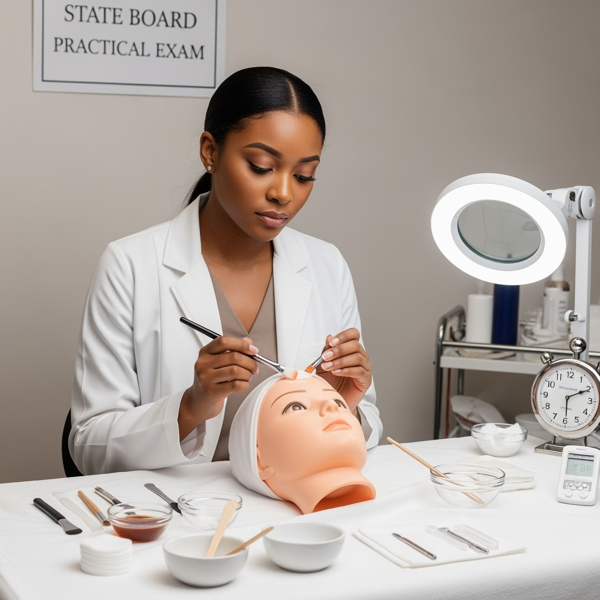 A woman in a white coat practicing makeup techniques on a training mannequin's face at a beauty or cosmetology training session.