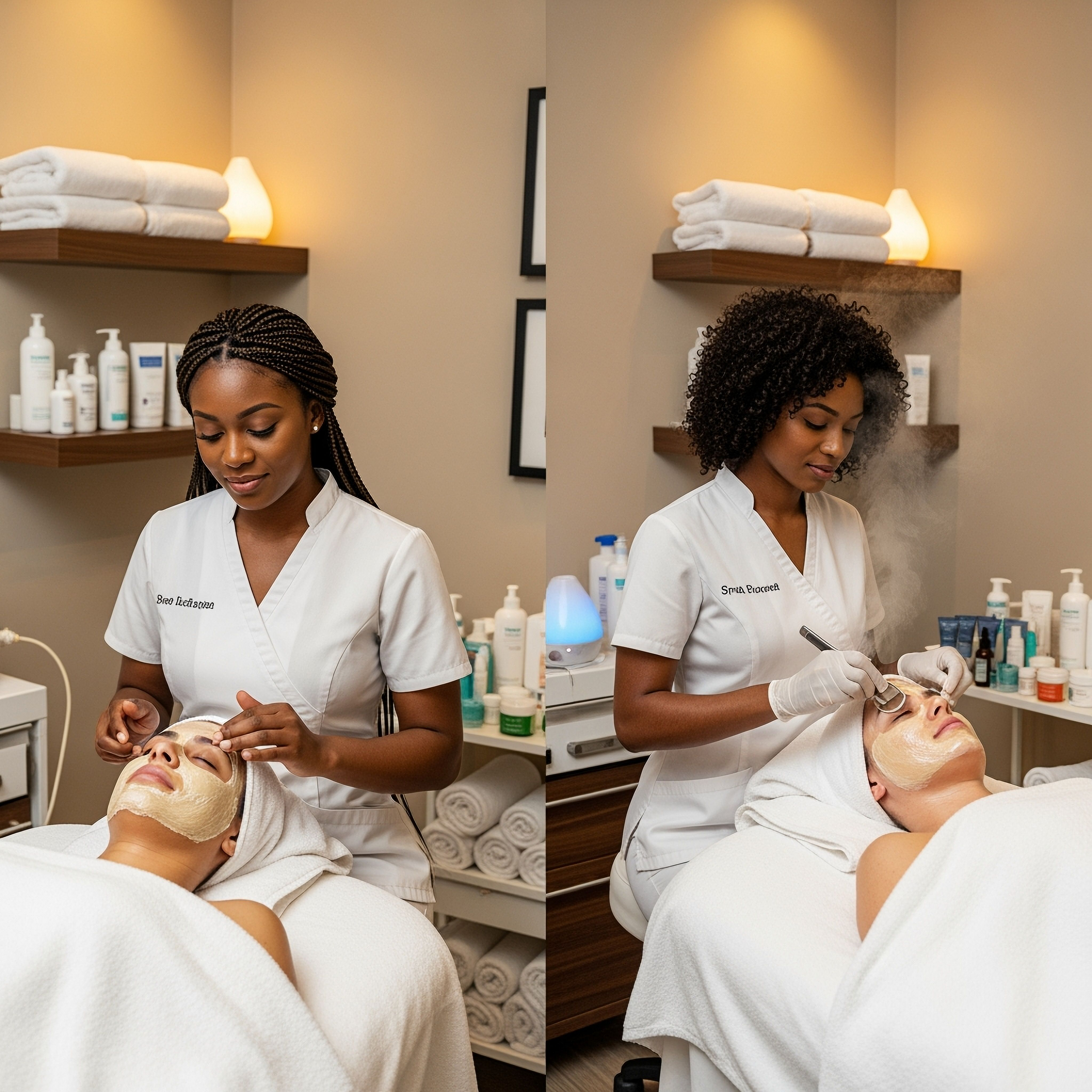 A woman getting a facial treatment at a spa, wearing a towel on her head and lying on a treatment bed. A skincare professional is applying a facial mask on her face in a serene, well-organized treatment room.
