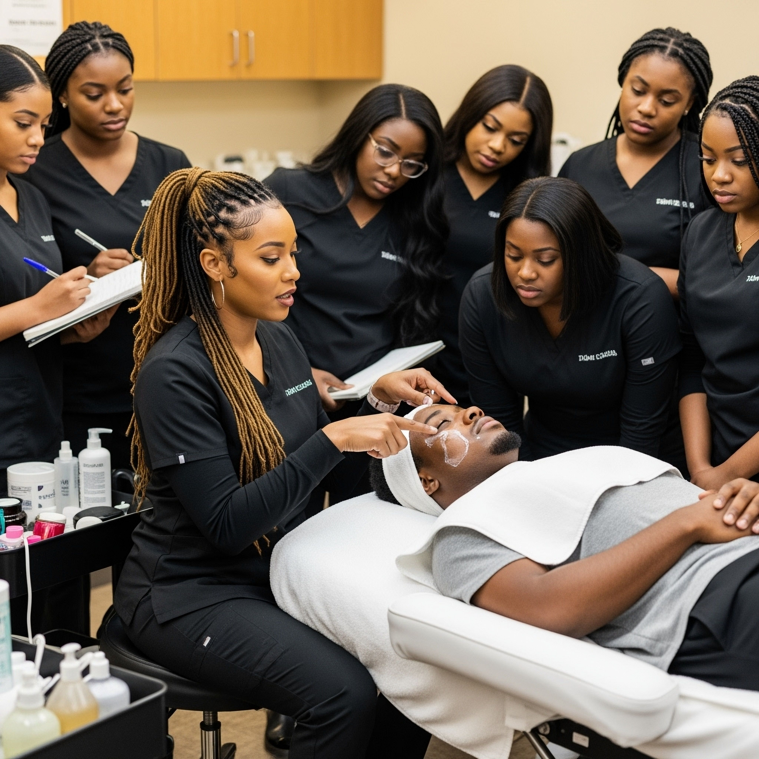 A beauty instructor demonstrating a facial skincare technique to a group of students in a classroom setting.