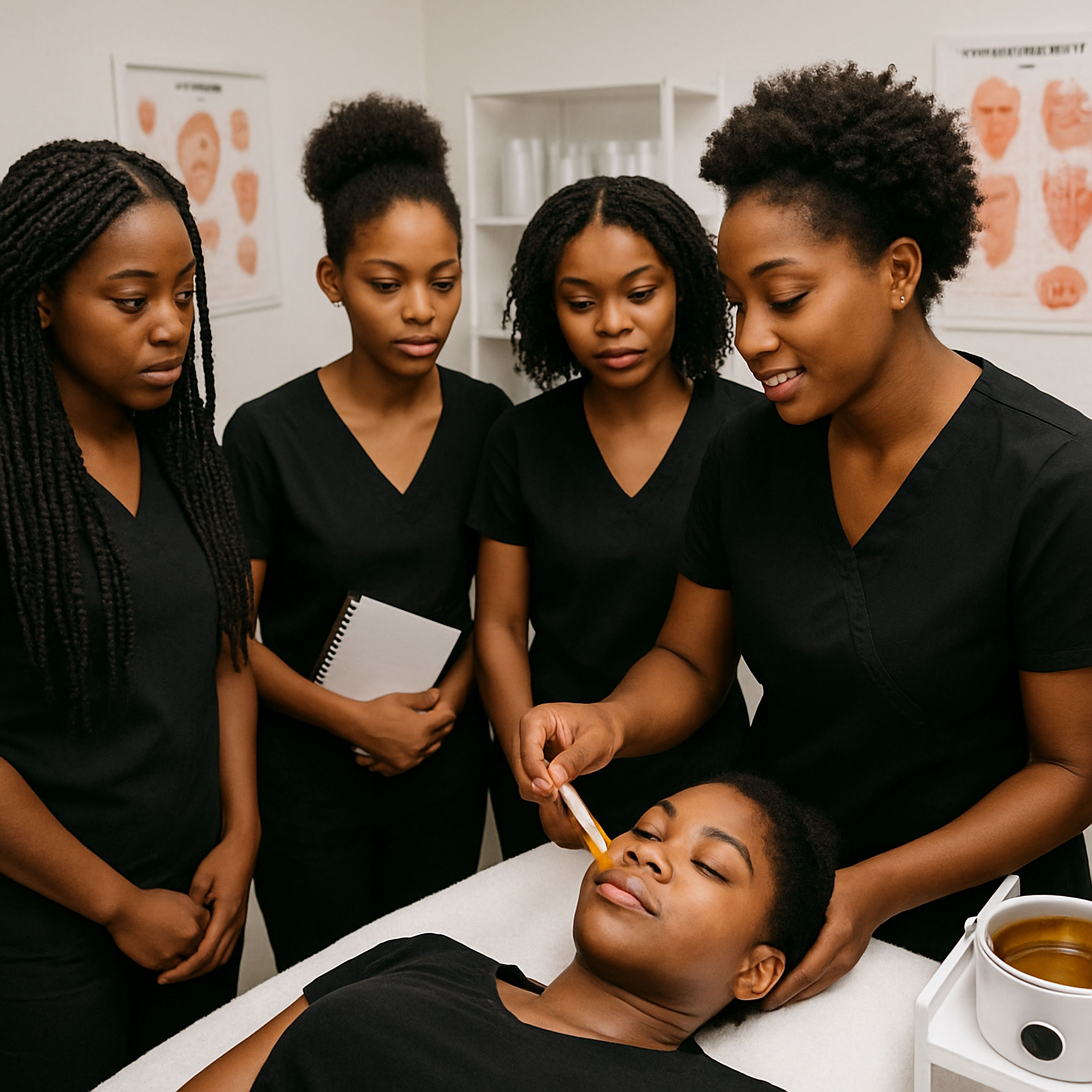 Nurse administering a facial treatment to a patient lying on a medical bed, with three other nurses observing in a clinical setting.
