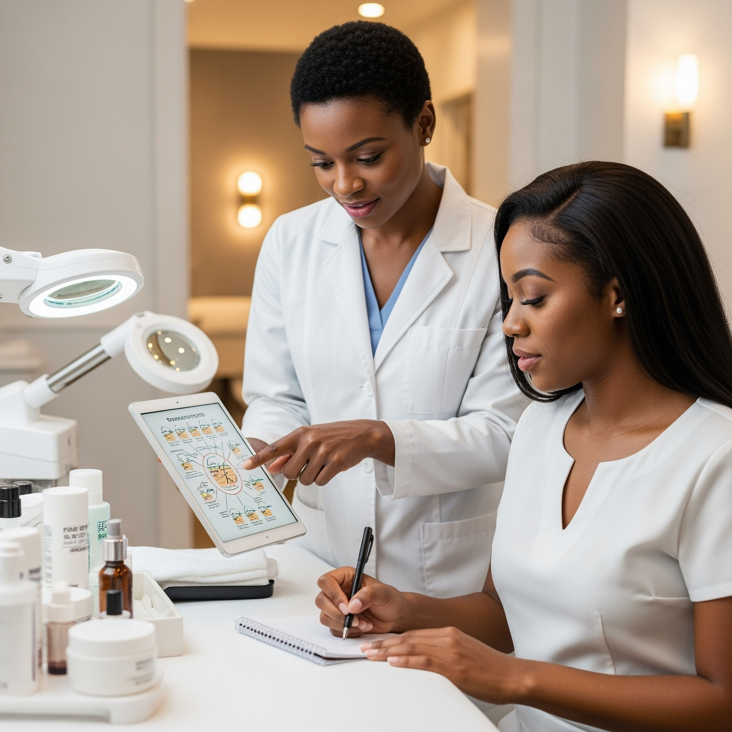 Two women, one standing and one sitting, in a medical or laboratory setting. The standing woman is pointing at a tablet with medical diagrams, while the seated woman is taking notes with a pen. There are bottles, a notepad, and medical equipment on the table.
