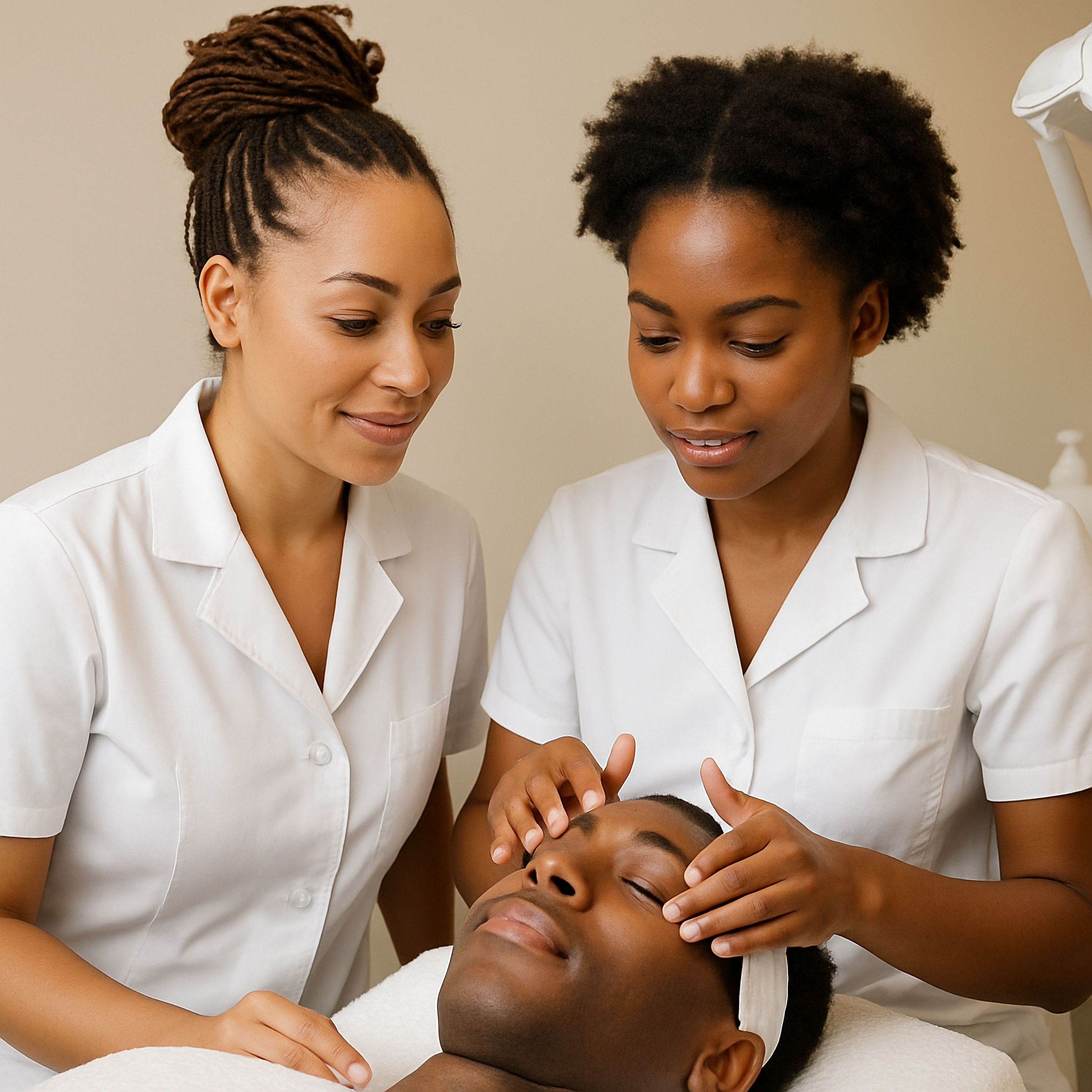 Two women in white uniforms providing facial treatment to a man lying down with closed eyes in a clinical setting.