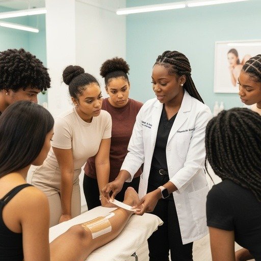 Medical instructor demonstrating a procedure on a patient's leg to a diverse group of students in a clinical classroom.