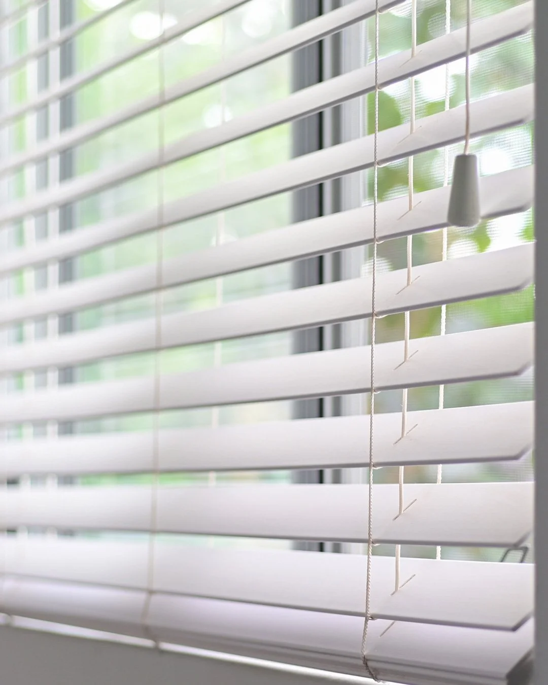 Close-up of white window blinds with a window behind, showing blurred greenery outside.