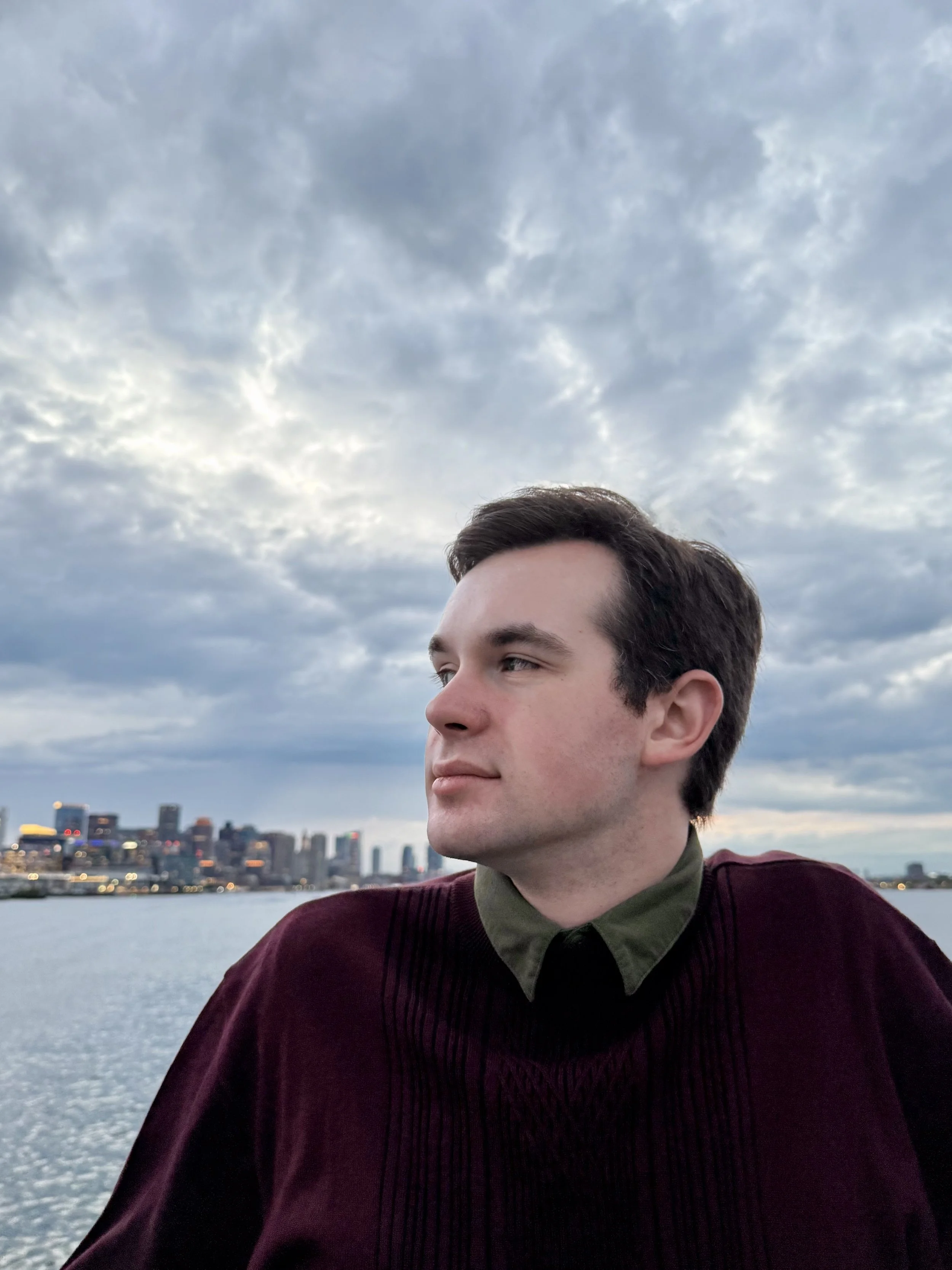 A young man with dark hair looking to the left, wearing a dark red sweater over a green collared shirt, standing outdoors near a body of water with a city skyline and cloudy sky in the background.