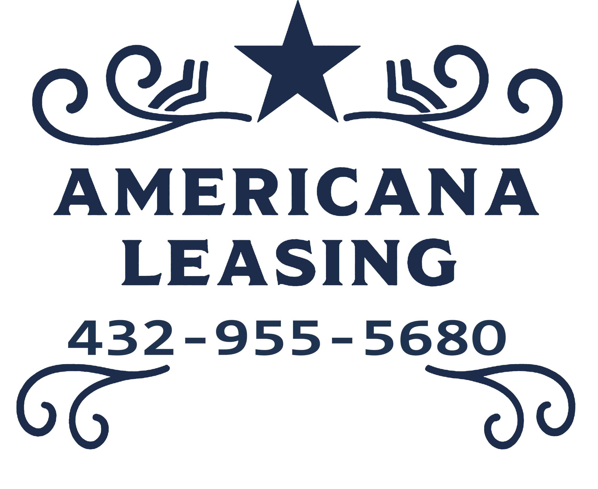 Logo with a star, decorative flourishes, and text that reads "Americana Leasing" with a phone number 432-955-5680.
