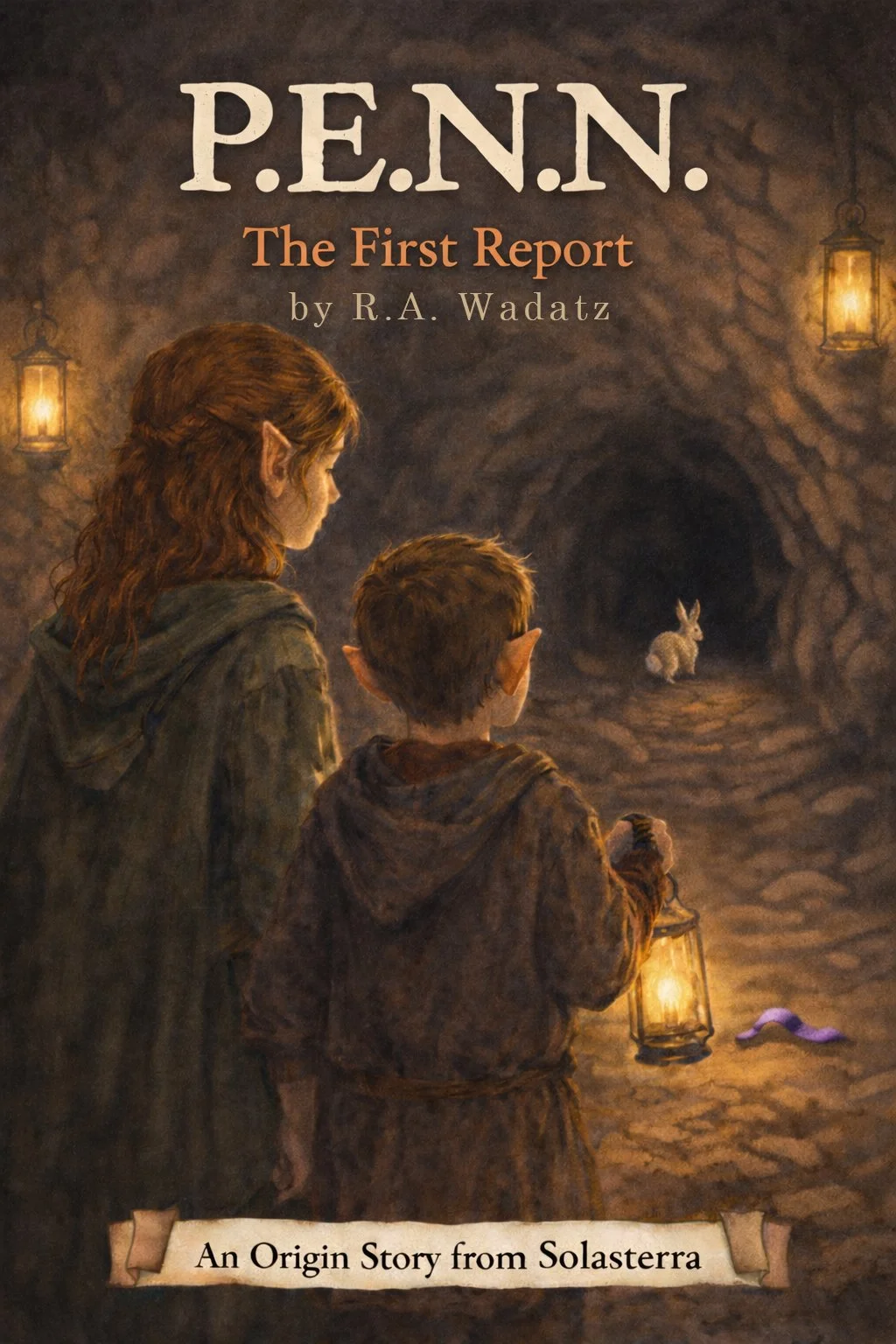P.E.N.N. — Pirate Elf News Network, a secret child-run news organization. Two young cave-elf children holding lanterns inside the tunnels of Solasterra while documenting hidden dangers in the underground city.