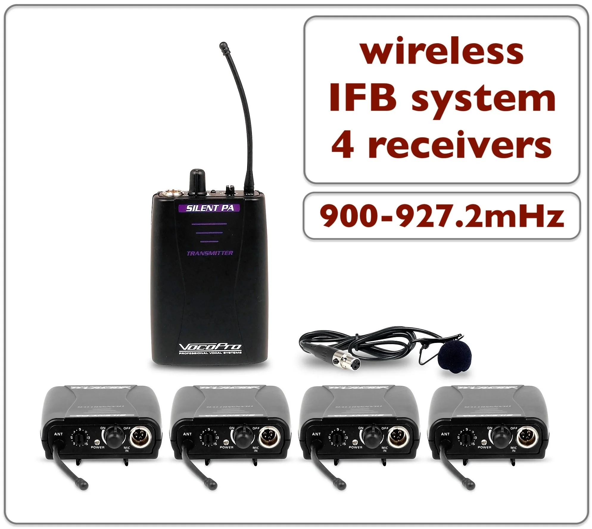 Wireless in-ear feedback system with four receivers, one transmitter, a microphone, and a wireless antenna, all compatible with 900-927.2 MHz frequency.