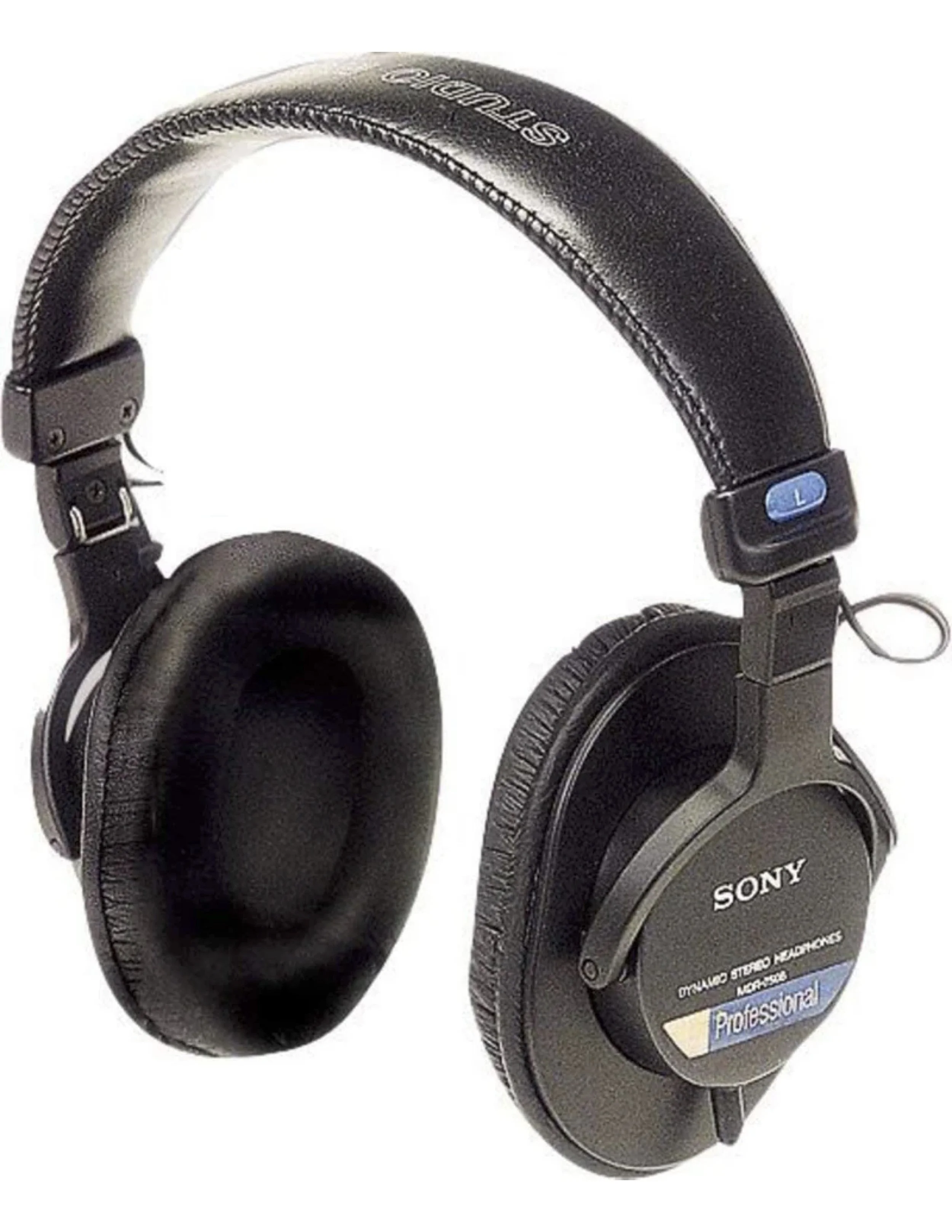Black Sony professional stereo headphones with padded ear cups and adjustable headband.