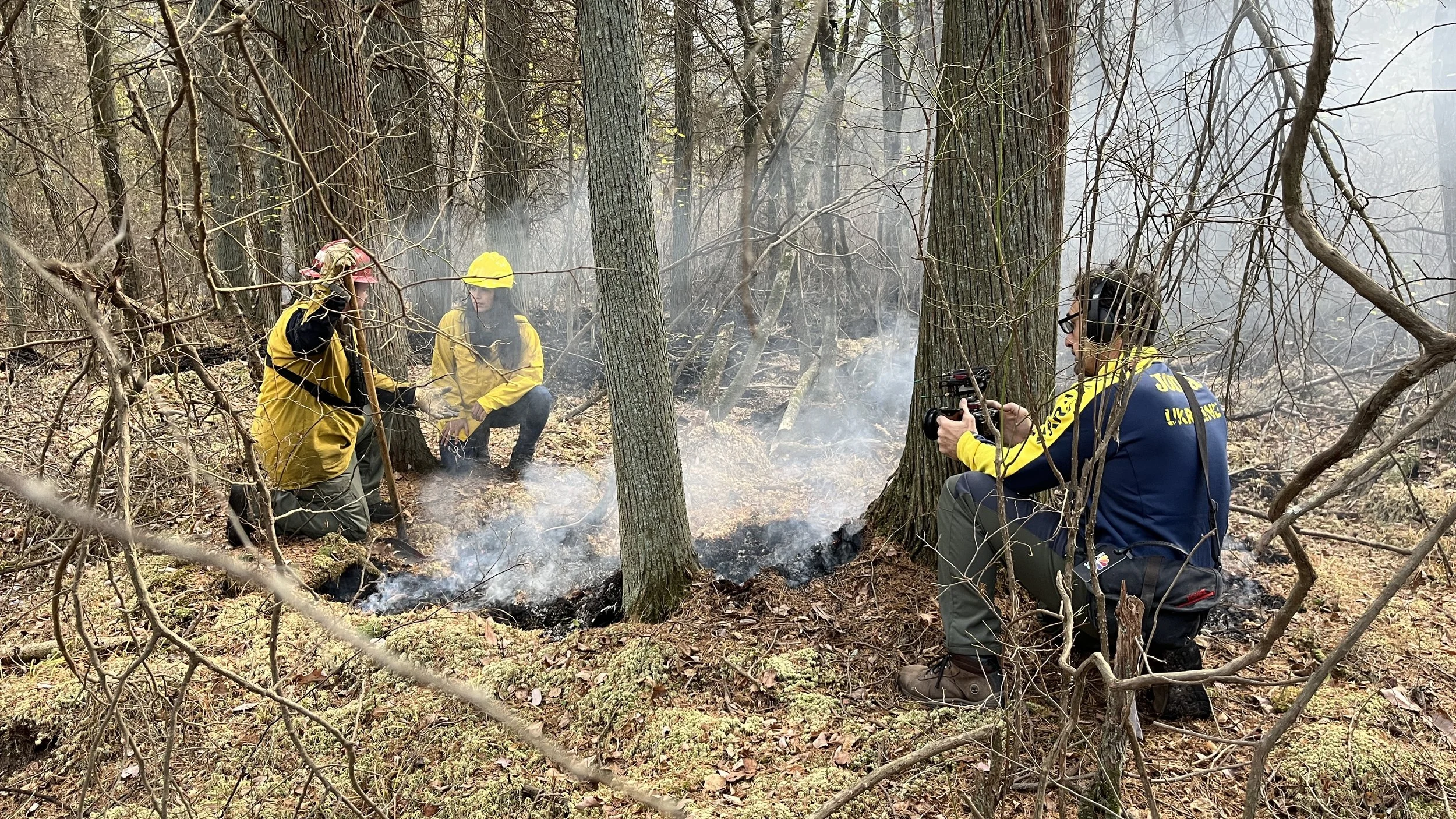 Three firefighters in yellow and blue jackets and helmets are examining and documenting a small forest fire with smoke, near trees in a wooded area.