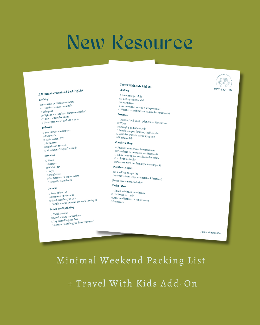 Flyer that says New Resource and shows preview of Minimalist Weekend Packing List Documents.