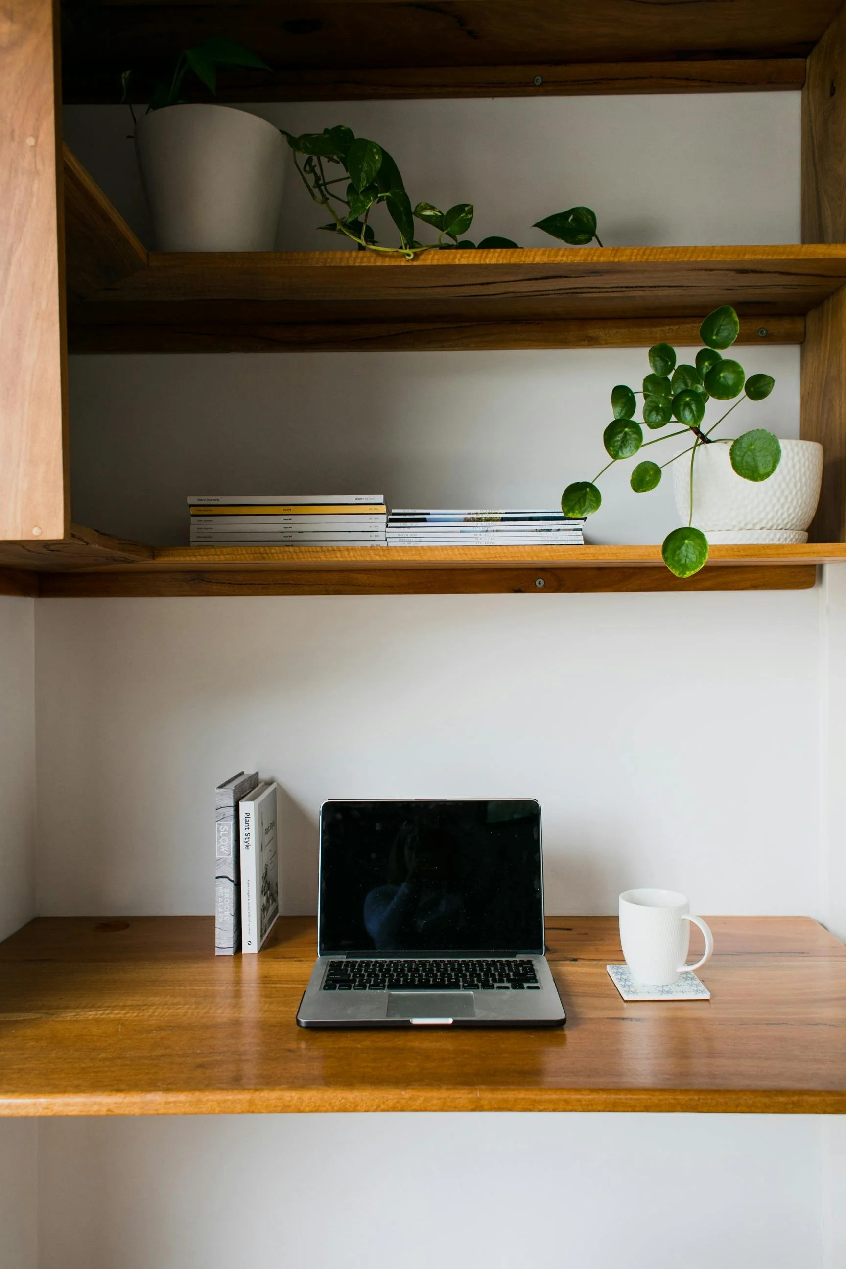 A wooden desk with a laptop, a white coffee mug on a coaster, and some books standing upright, with shelves above holding potted plants and magazines.