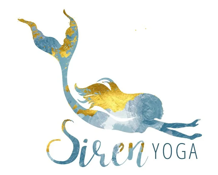 Watercolor illustration of a mermaid with long flowing hair and a fish tail in blue and gold tones, with the text "Sirene Yoga" below.