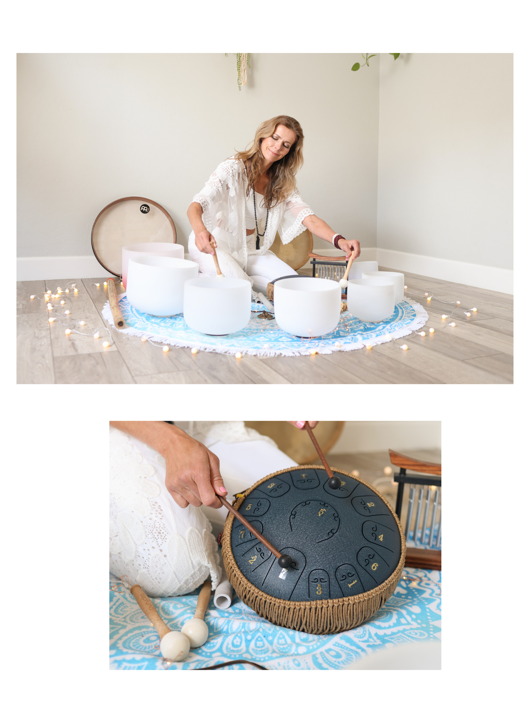 A woman sitting on a blue and white round cloth playing a crystal singing bowl set, surrounded by fairy lights and percussion mallets, in a minimalist room with light-colored walls and a wooden floor. In the second close-up image, she is using a mallet on a circular sound instrument with numbered sections.