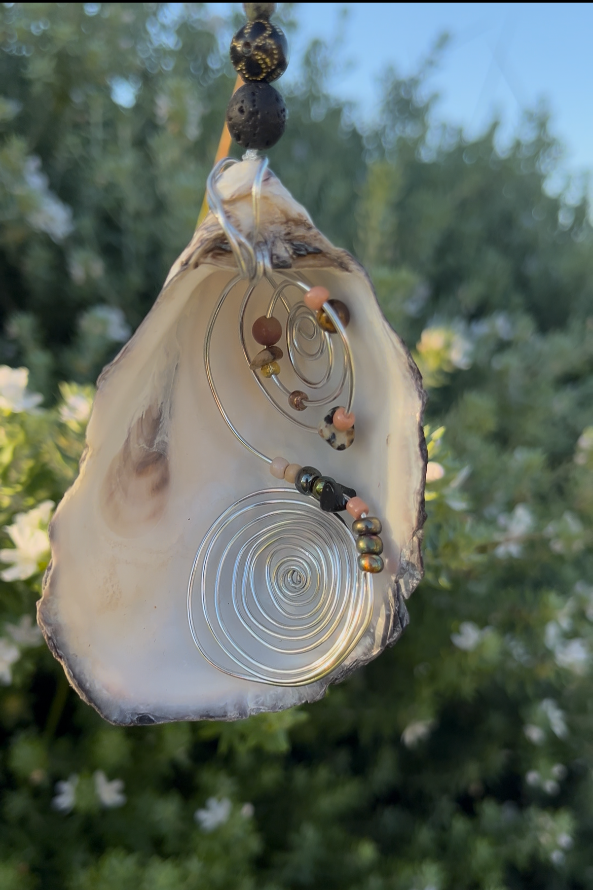 Beaded Wire Wrapped Oyster Shell Art