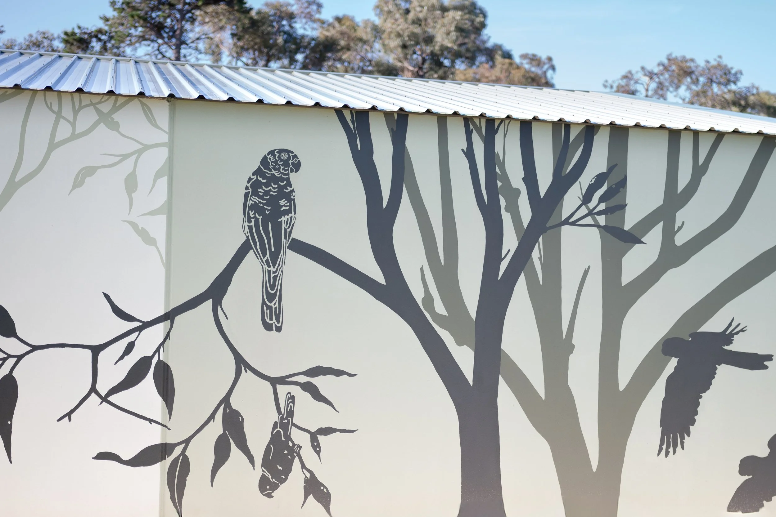 Native Australian flora and fauna shadow-style mural painted by Annabelle Denniss in Perth, Western Australia