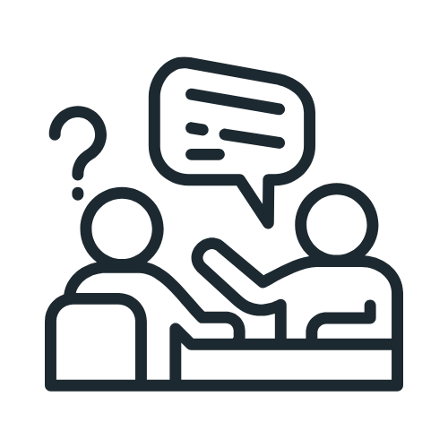 Two people sitting and talking, one is gesturing with hand, a speech bubble above them, and a question mark indicating a discussion or question.