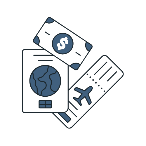 Digital illustrations of a banknote, a passport, an airplane ticket, and a credit card.