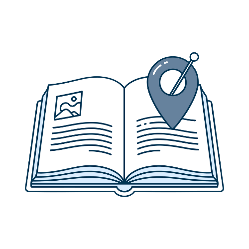 Open book with map marker icon on it, indicating location or navigation.