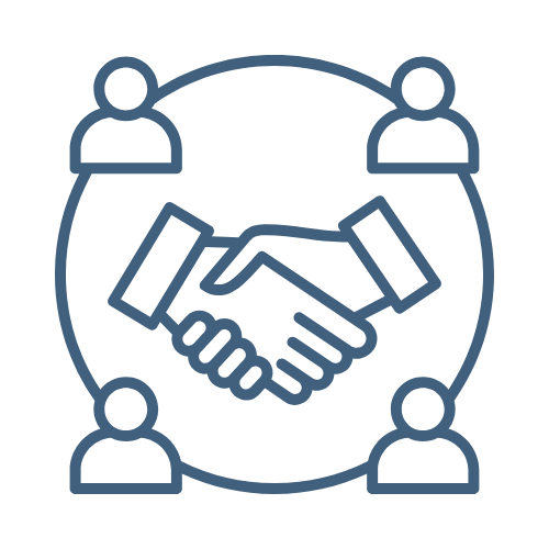 Icon of four people connected around a handshake, representing agreement or partnership.