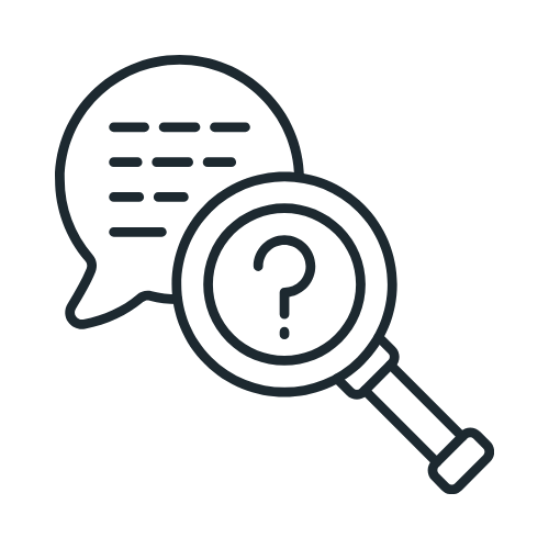 Icon of a speech bubble, magnifying glass, and question mark indicating search or inquiry.