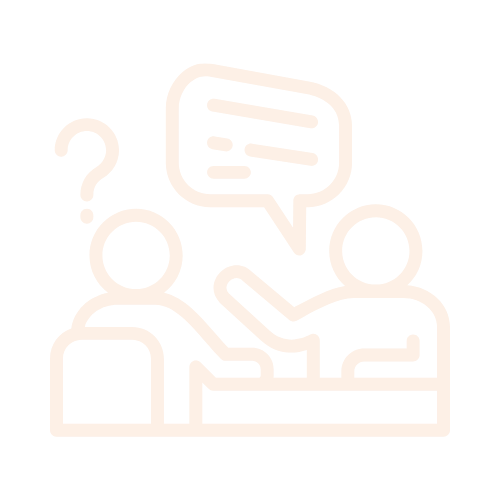 Outline of two people sitting at a table engaging in a conversation, with one person speaking and the other listening, depicted with speech and question mark icons.