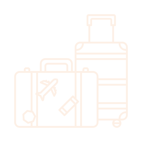 Line drawing of three pieces of luggage including a suitcase with an airplane sticker and a tag, and two rolling suitcases.