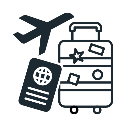 Travel icons including an airplane, a suitcase with stickers, and a passport.