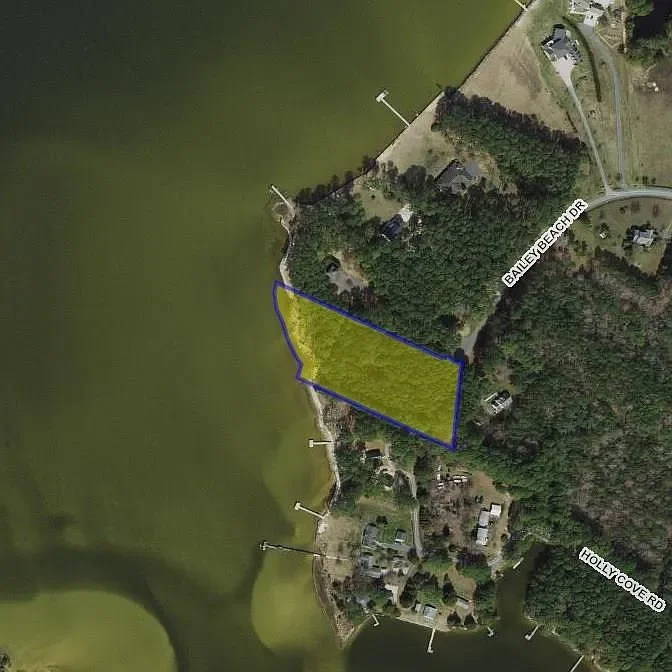 Aerial view of a lakeside property outlined in blue and filled with yellow, with surrounding houses, trees, and water.
