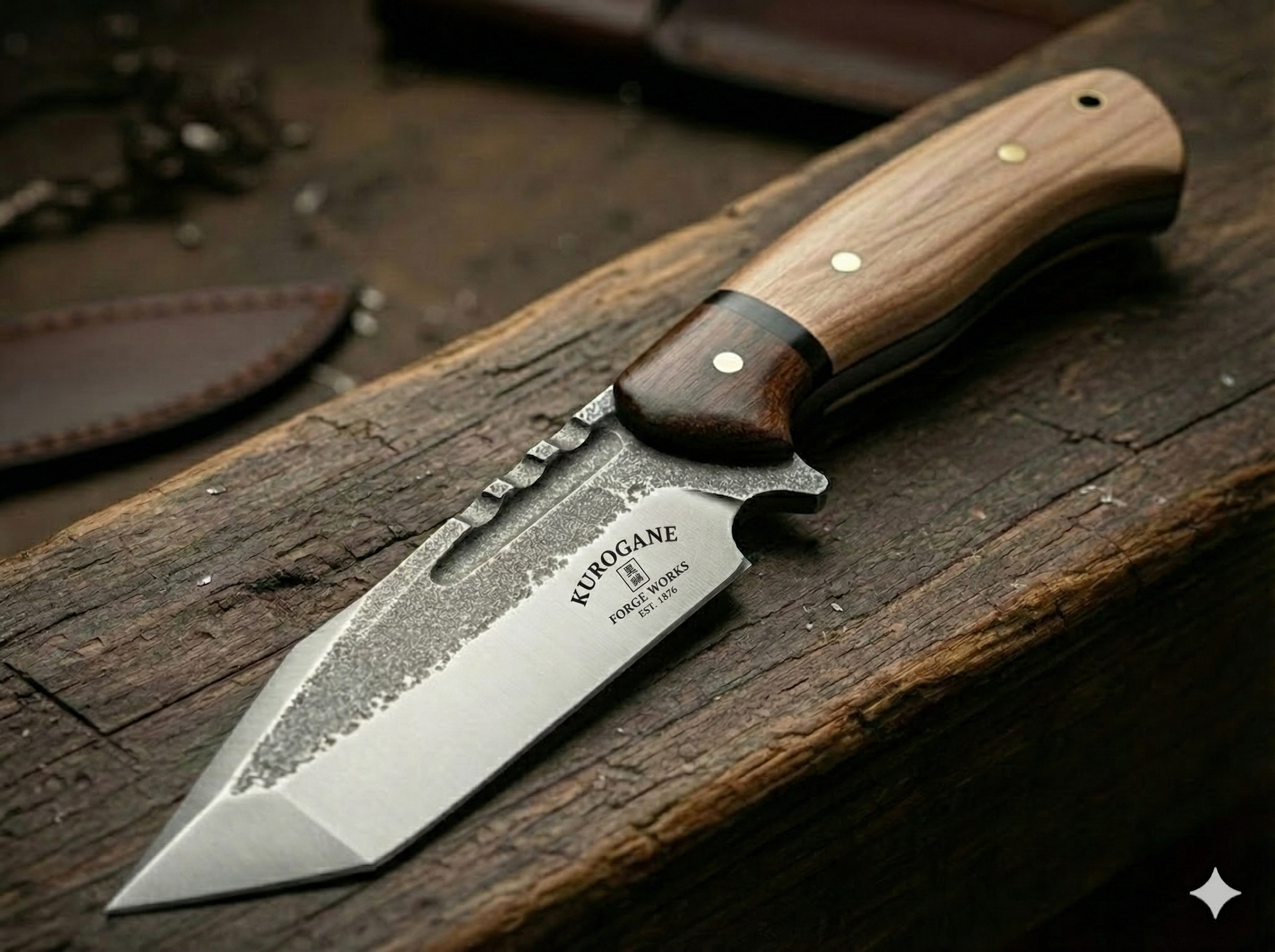 A hunting knife with a wooden handle and a textured, patterned blade resting on a weathered wooden surface.