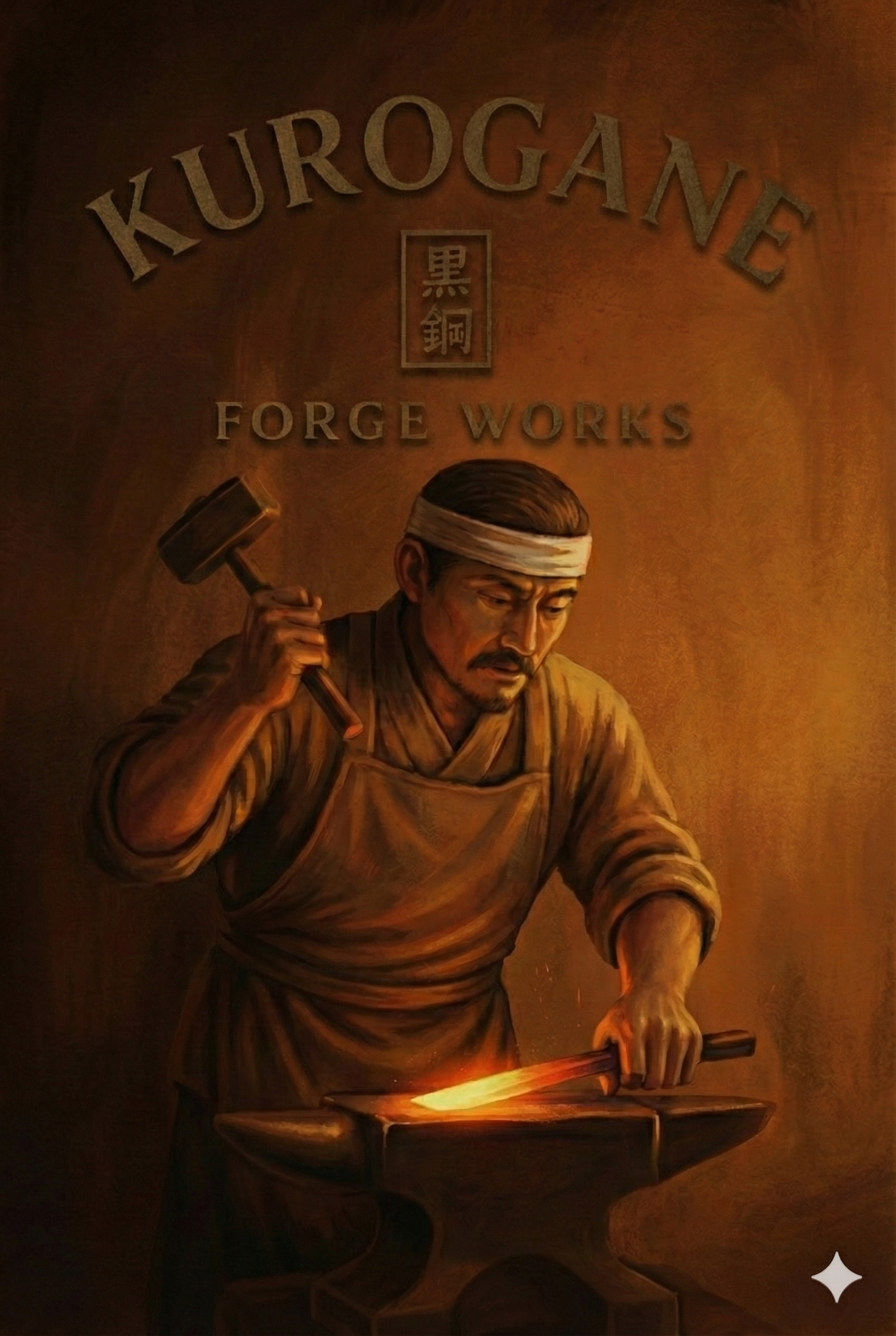 Advertisement for KuroGane forge works showing a blacksmith hammering a glowing piece of metal on an anvil.