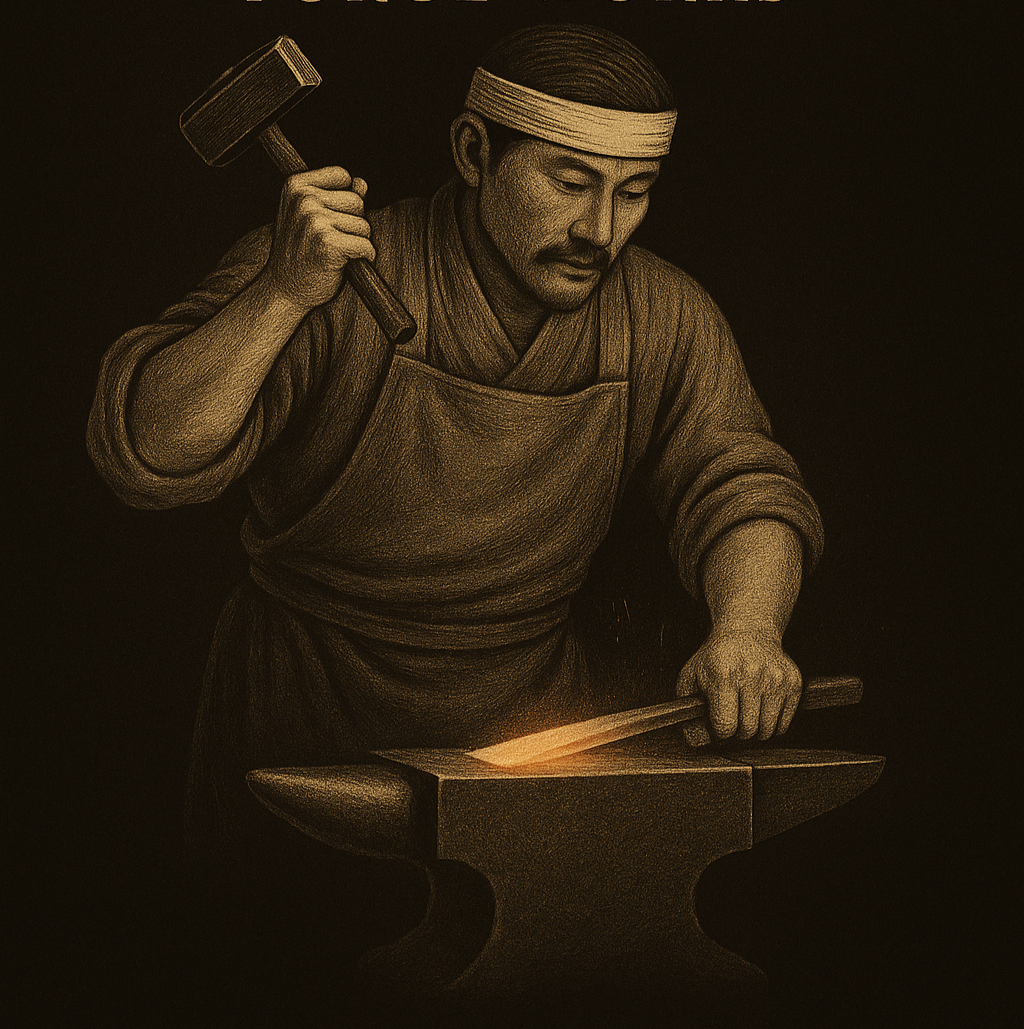 A black and white drawing of a Japanese blacksmith hammering a hot piece of metal on an anvil.
