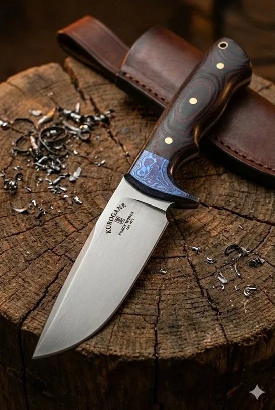 A hunting knife with a dark wooden handle resting on a tree stump, with silver jewelry pieces scattered nearby and a brown leather sheath partially visible in the background.