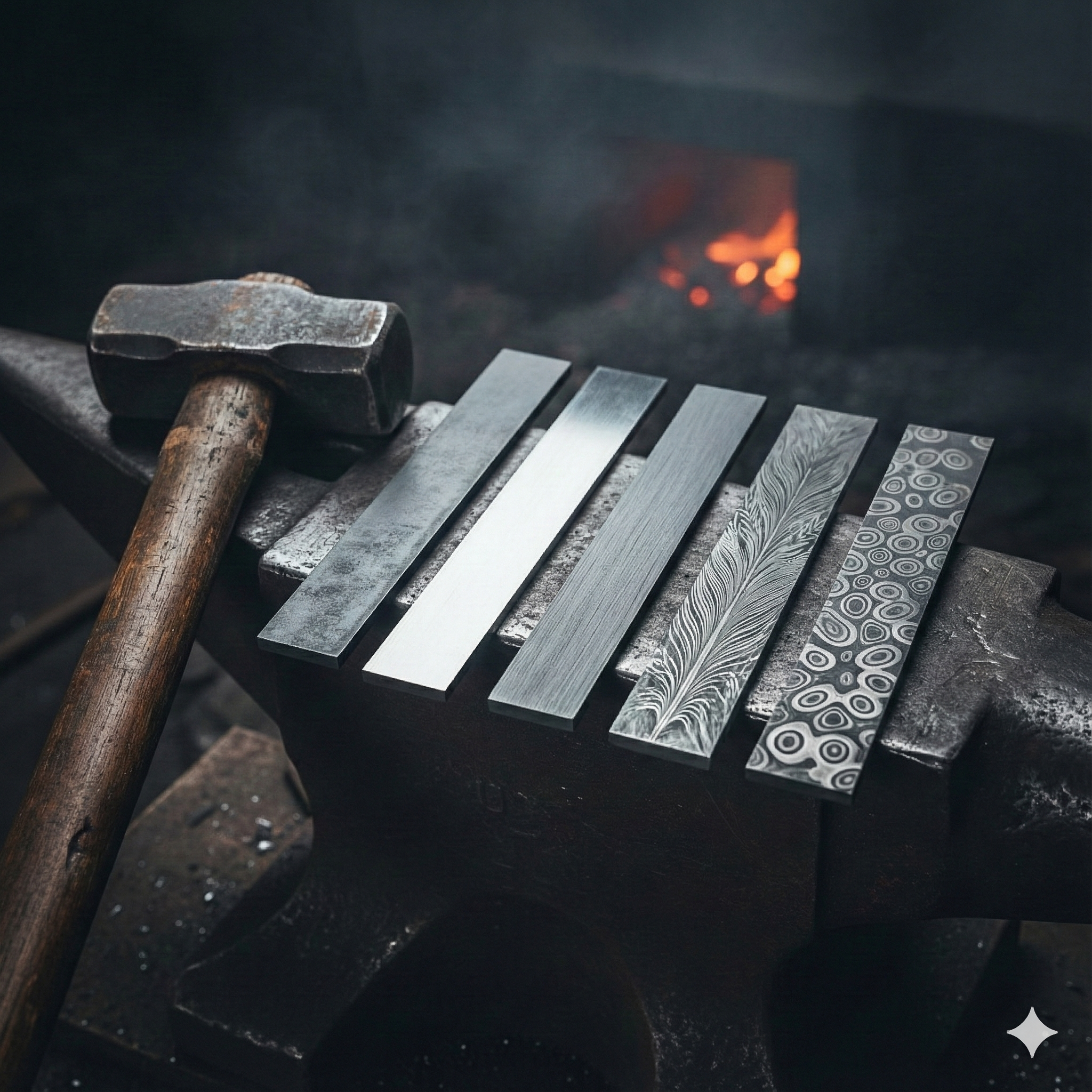 Metalworking workshop with a hammer and various engraved and brushed metal bars on an anvil, with a forge in the background.