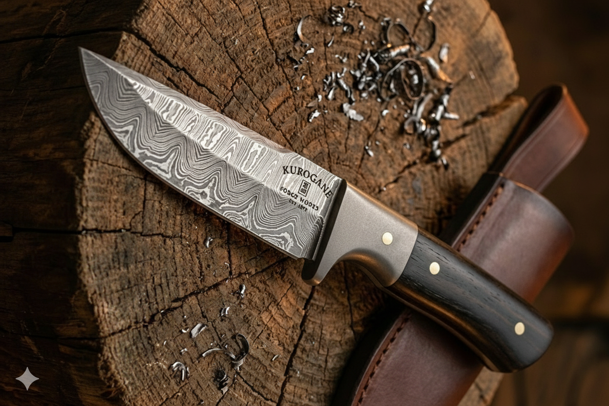 A Damascus steel hunting knife resting on a wooden log with wood shavings and a leather sheath nearby.