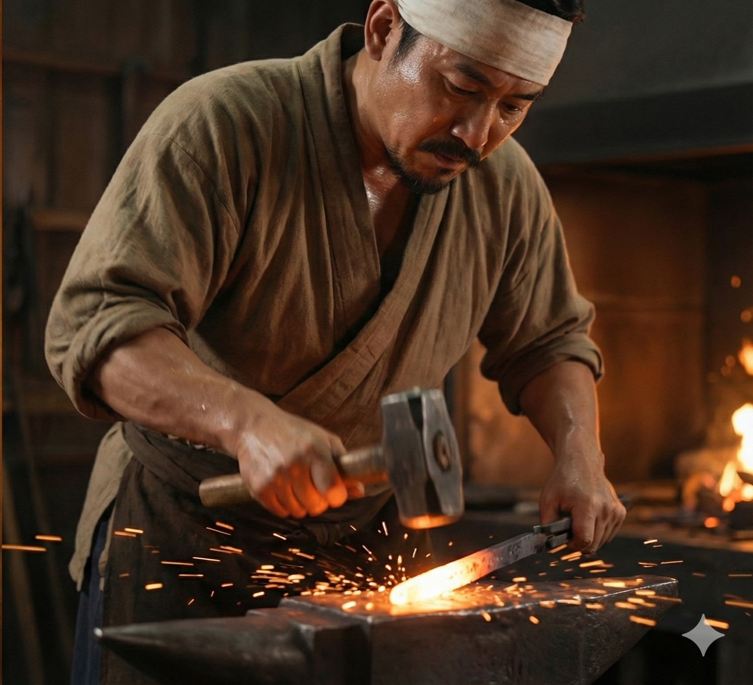 A blacksmith is hammering out a piece of metal on an anvil in a workshop with sparks flying from the forge.