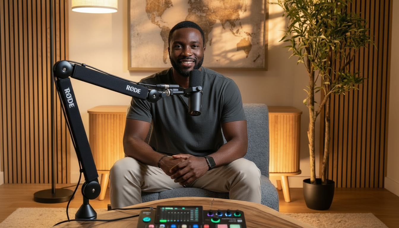 A man smiling and seated on a gray chair in a room with wooden slat wall panels. He is wearing a dark gray t-shirt, beige pants, and a black smartwatch. There is a large US map on the wall behind him, a potted plant to his right, and a wooden side table with a lamp. A professional microphone on a boom arm is in front of him, and a digital audio interface with colorful controls is on the table.