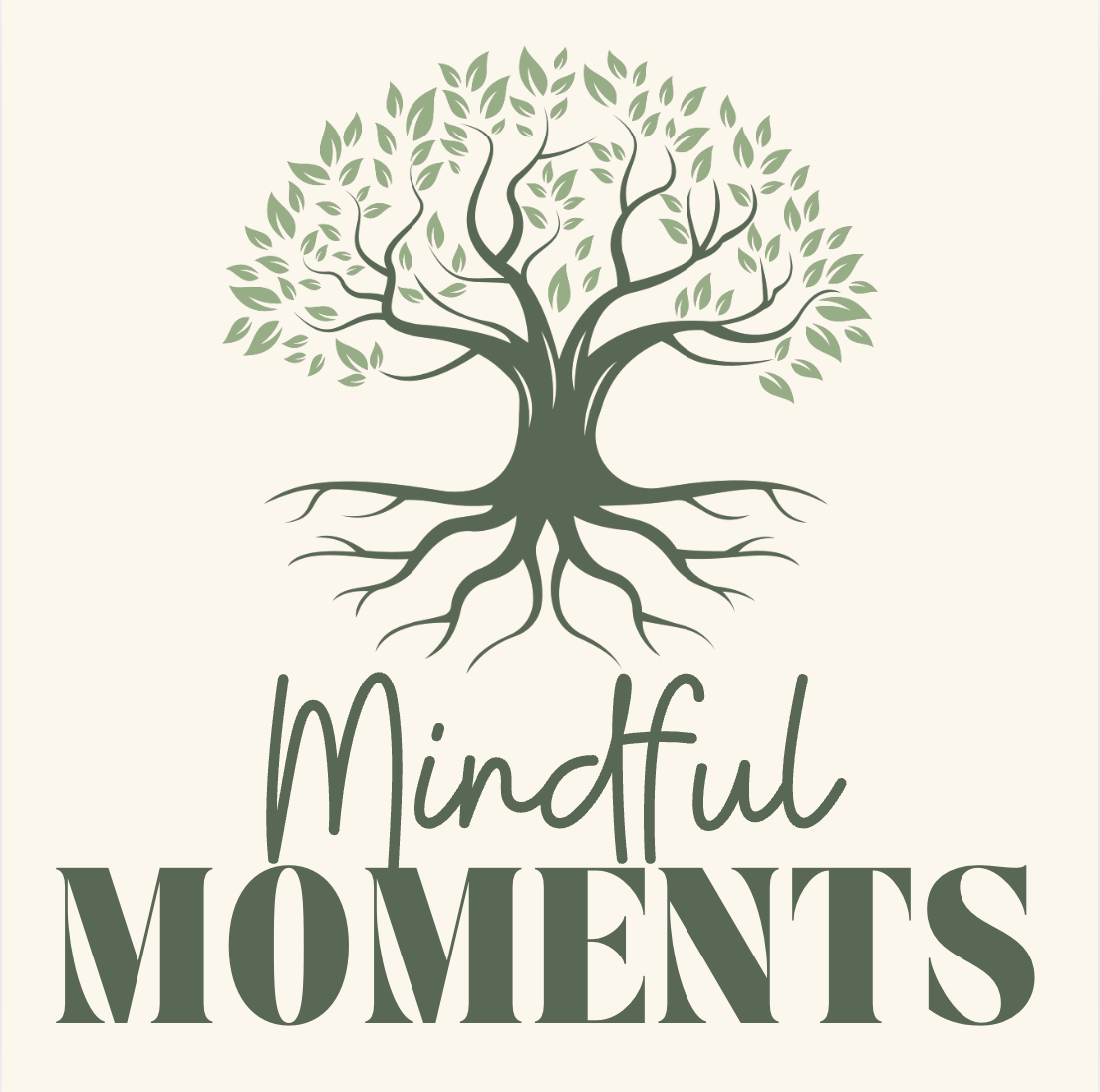 A stylized green tree with branches and leaves, with the words 'Mindful Moments' underneath in a mix of script and bold fonts.