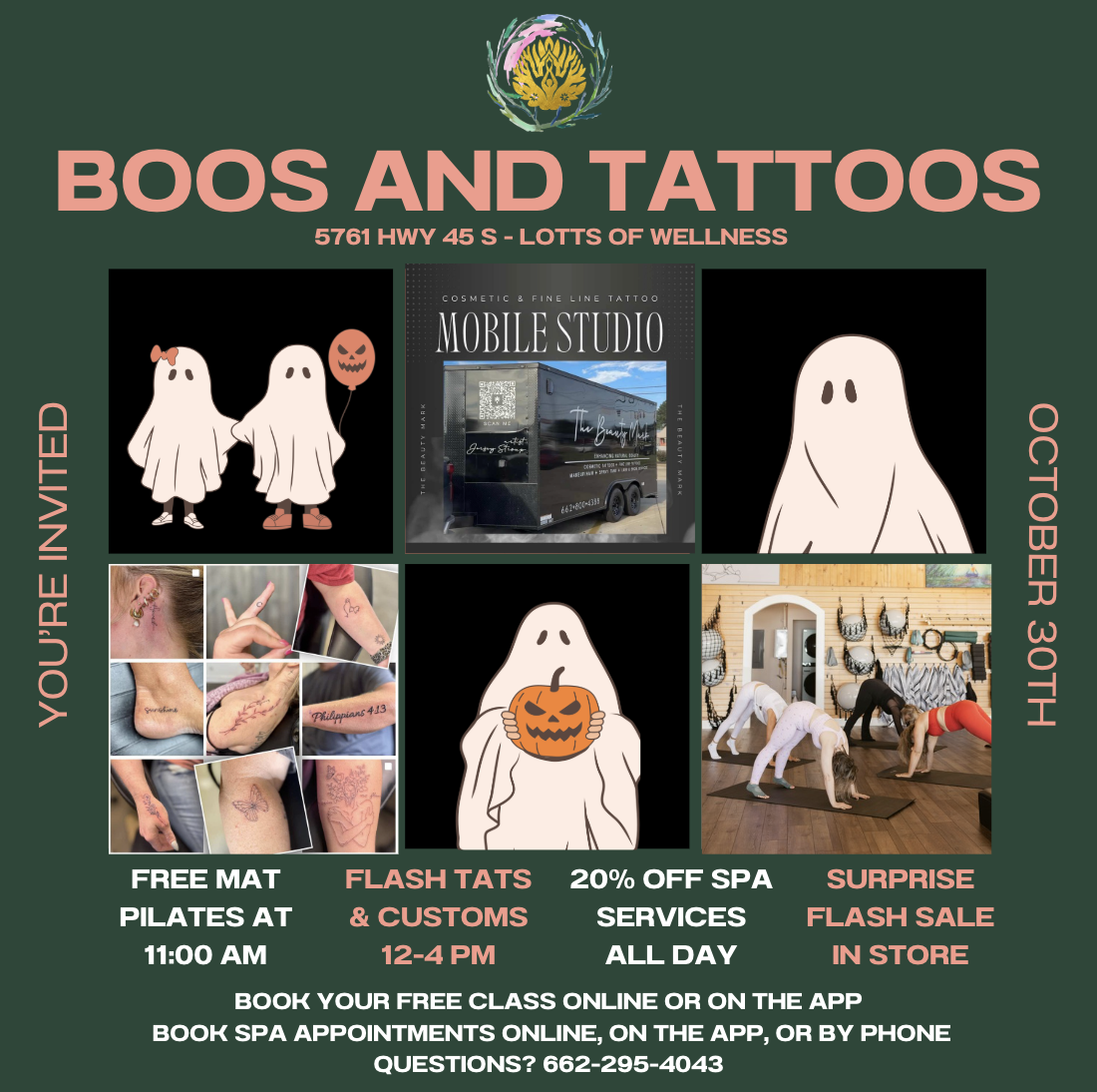 Flyer for Boos and Tattos, promoting Halloween-themed events and services including free mats at 11:00 AM, flash tattoos and customs from 12-4 PM, 20% off spa services all day, surprise flash sale in store, and bookings online or by phone. Features images of Halloween ghosts, a tattooed arm, and a yoga class.