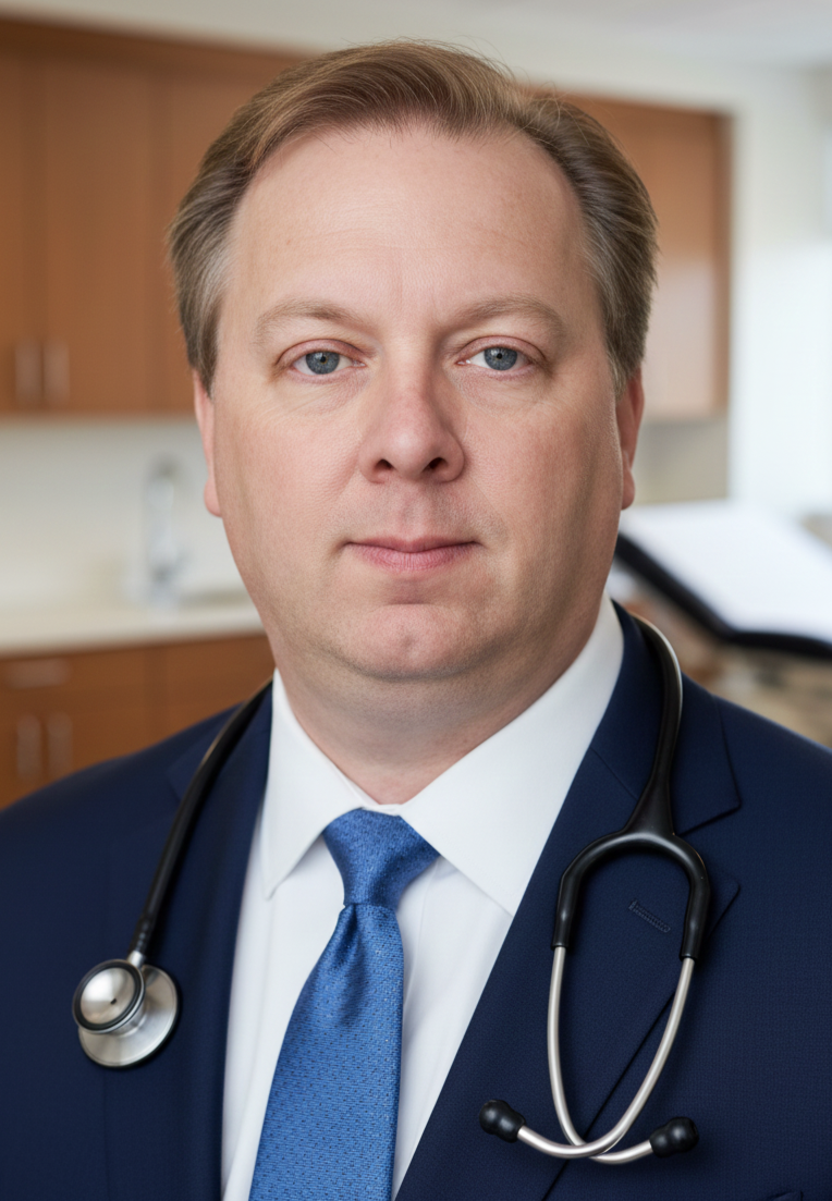 Jonathan Shingles DO MBA with light brown hair and blue eyes wearing a navy suit, white shirt, blue tie, and stethoscope around his neck, standing in a medical office.