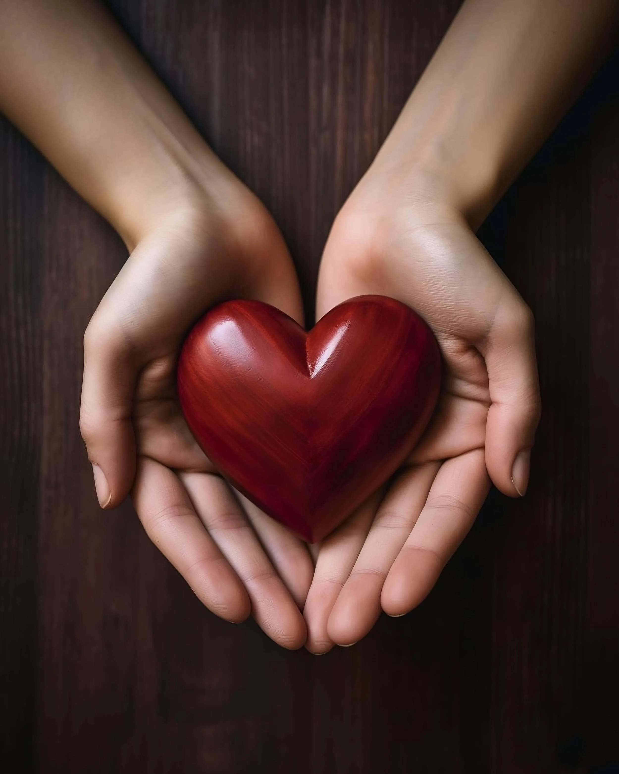 hands supporting a wooden heart