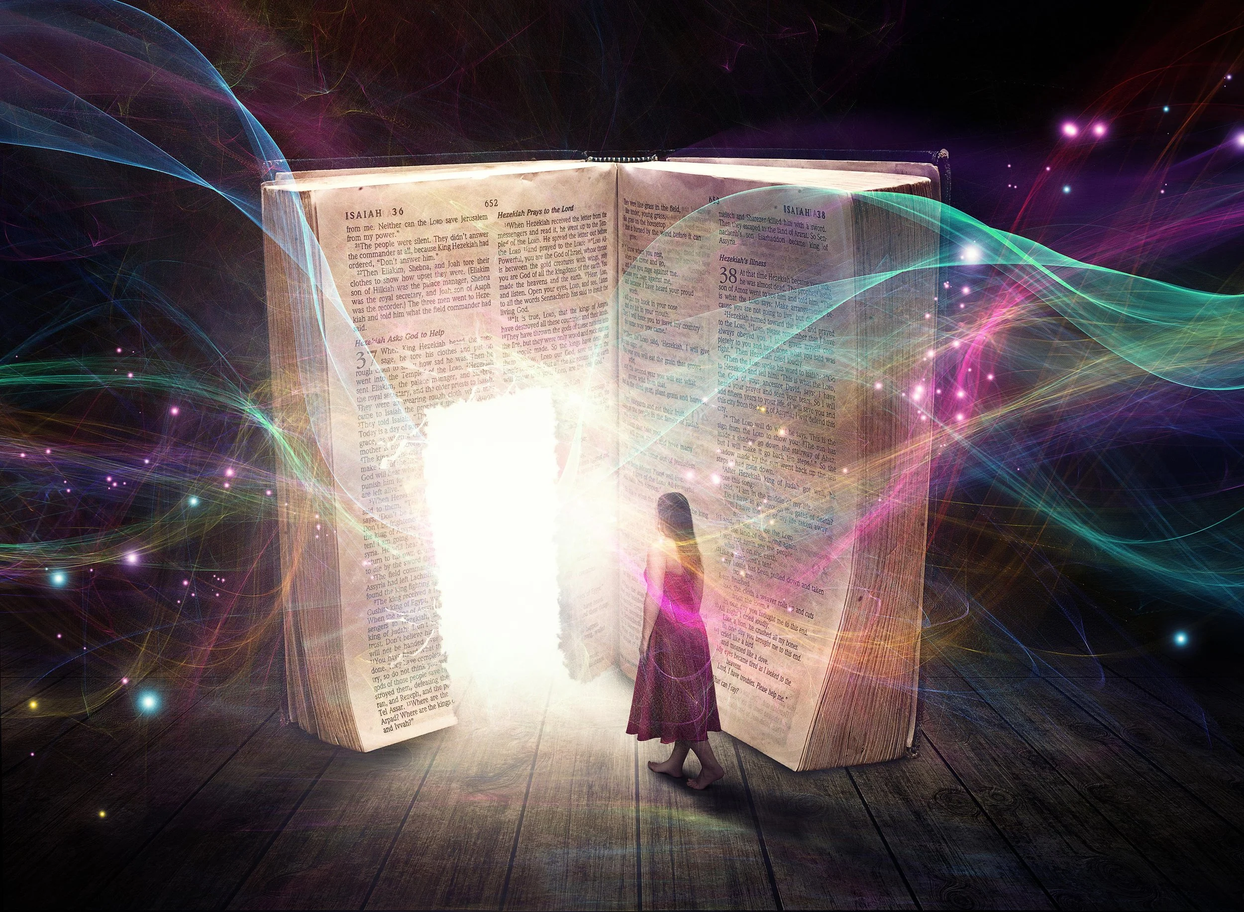 A young girl in a dress standing in front of an enormous, glowing, open book with colorful light trails surrounding it, creating a magical, fantastical reading scene.