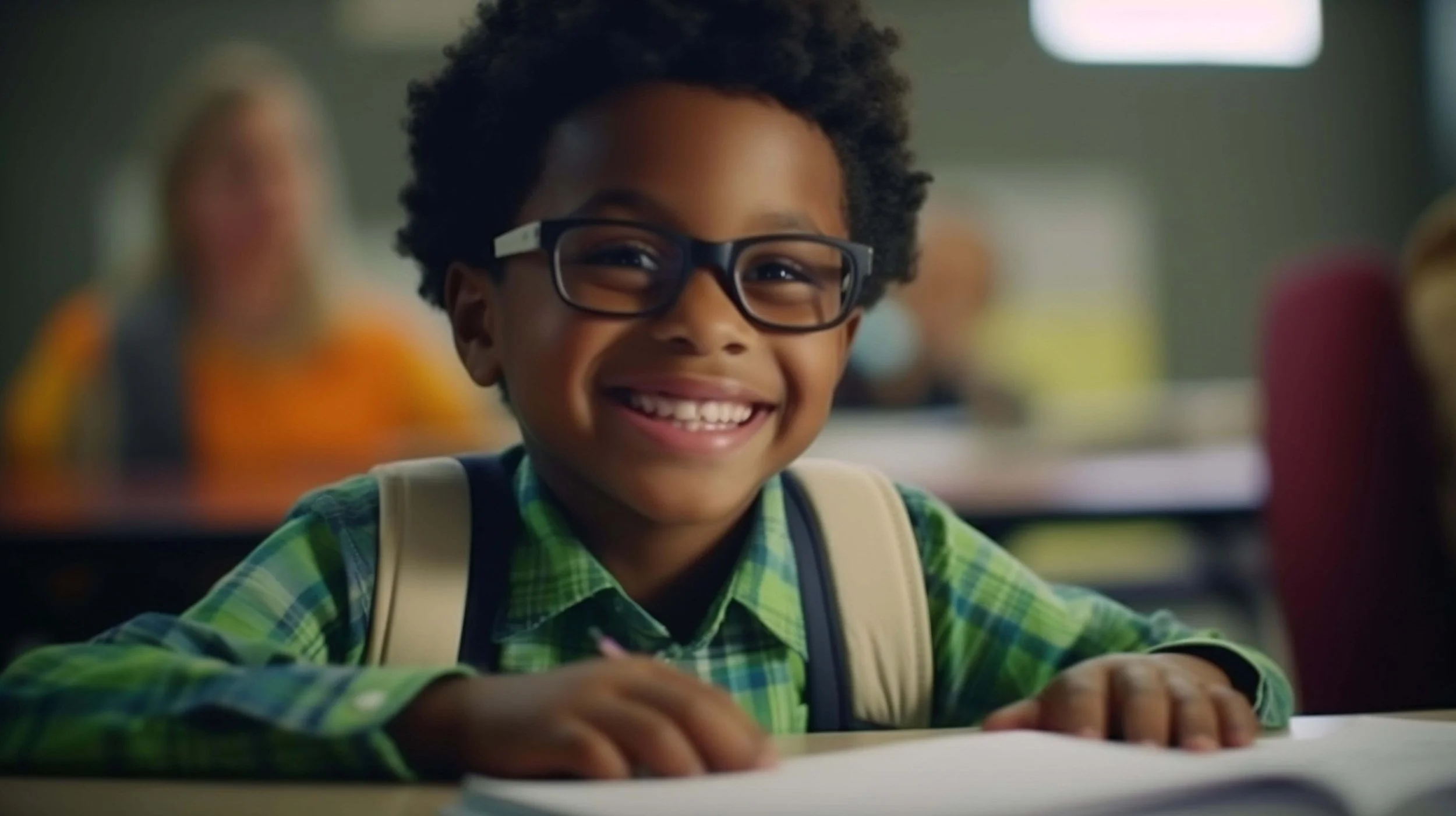 A young boy with curly hair, glasses, and a bright smile, reading at a desk at school, wearing a green checkered shirt and a backpack.