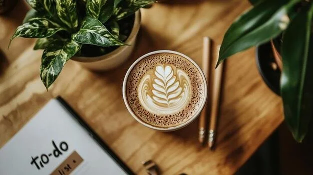 A cup of latte with latte art on a wooden table, surrounded by potted plants, a to-do list notepad, a pen, and a pair of chopsticks.