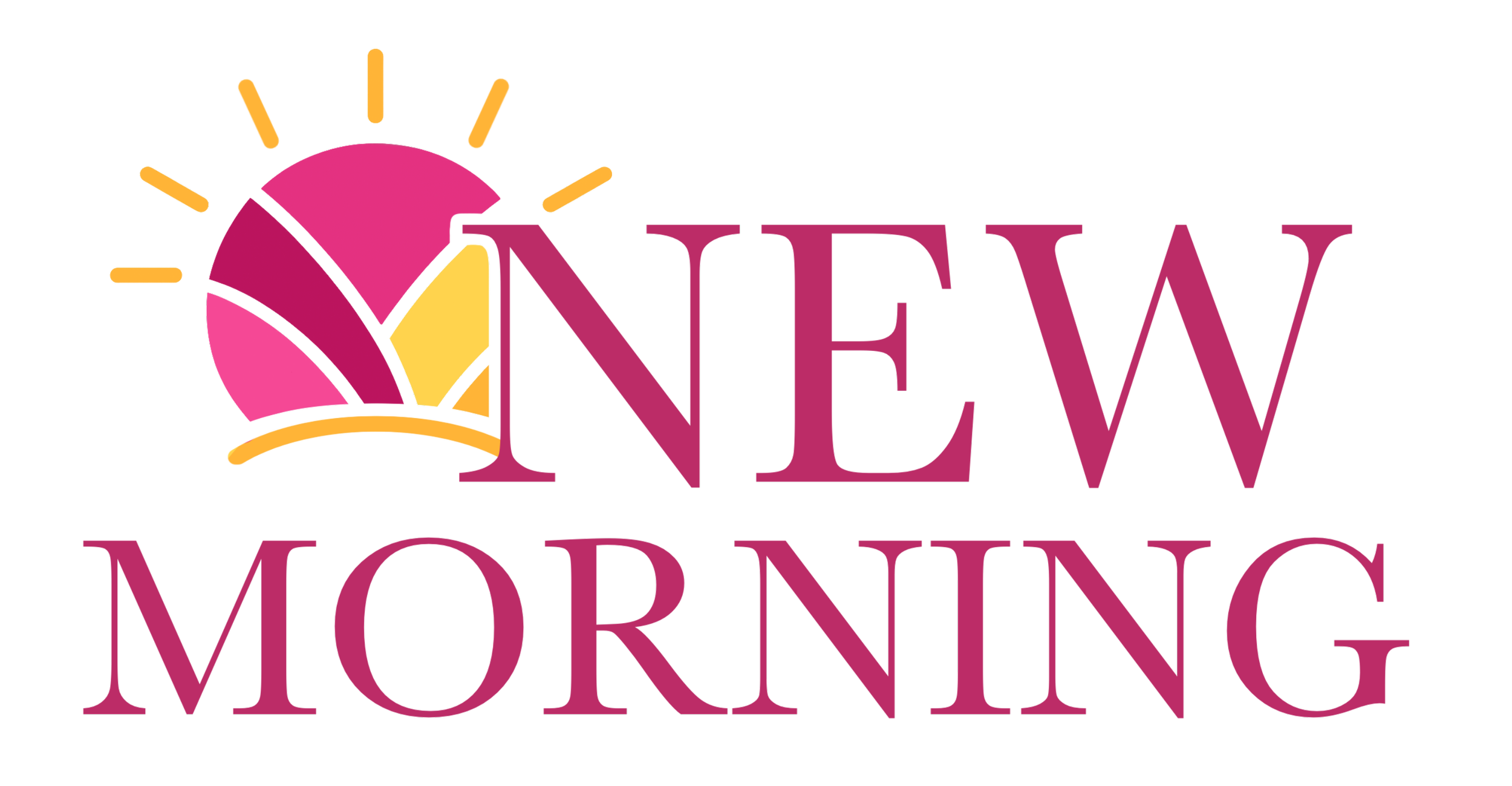 Logo for New Dawn Morning indicating a sunrise over a stylized horizon and the company's name in pink text.