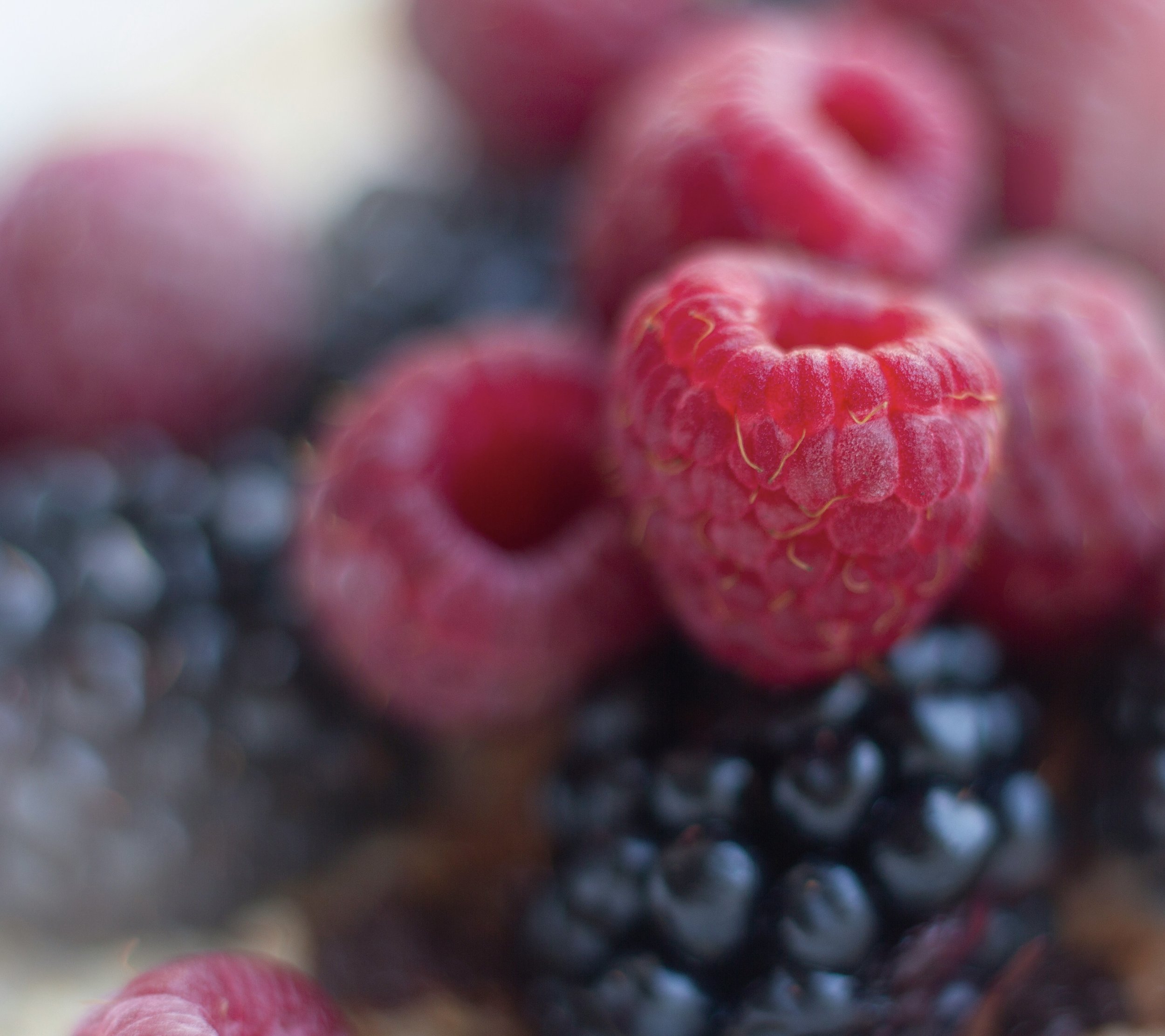 Close-up of fresh red raspberries.