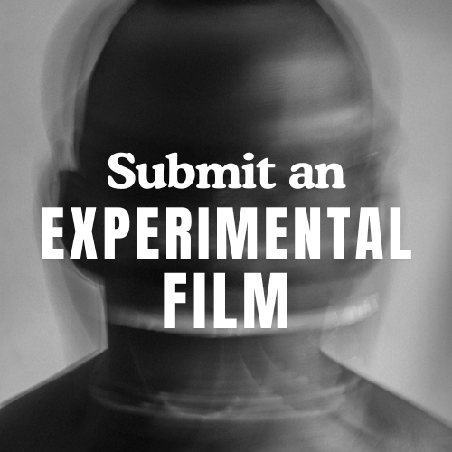 Black and white image of a person in an astronaut helmet with text that says 'Submit an experimental film.'