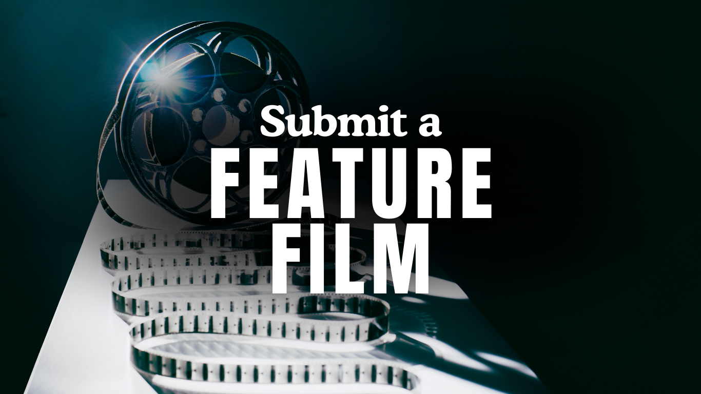 A film reel atop a stack of unspooled film strips with a text overlay that says "Submit a FEATURE FILM".
