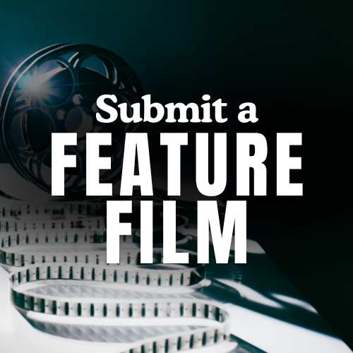 Film reel, light flare, and film strip with text 'Submit a Feature Film' in bold white letters.